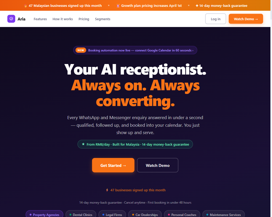 Aria landing page